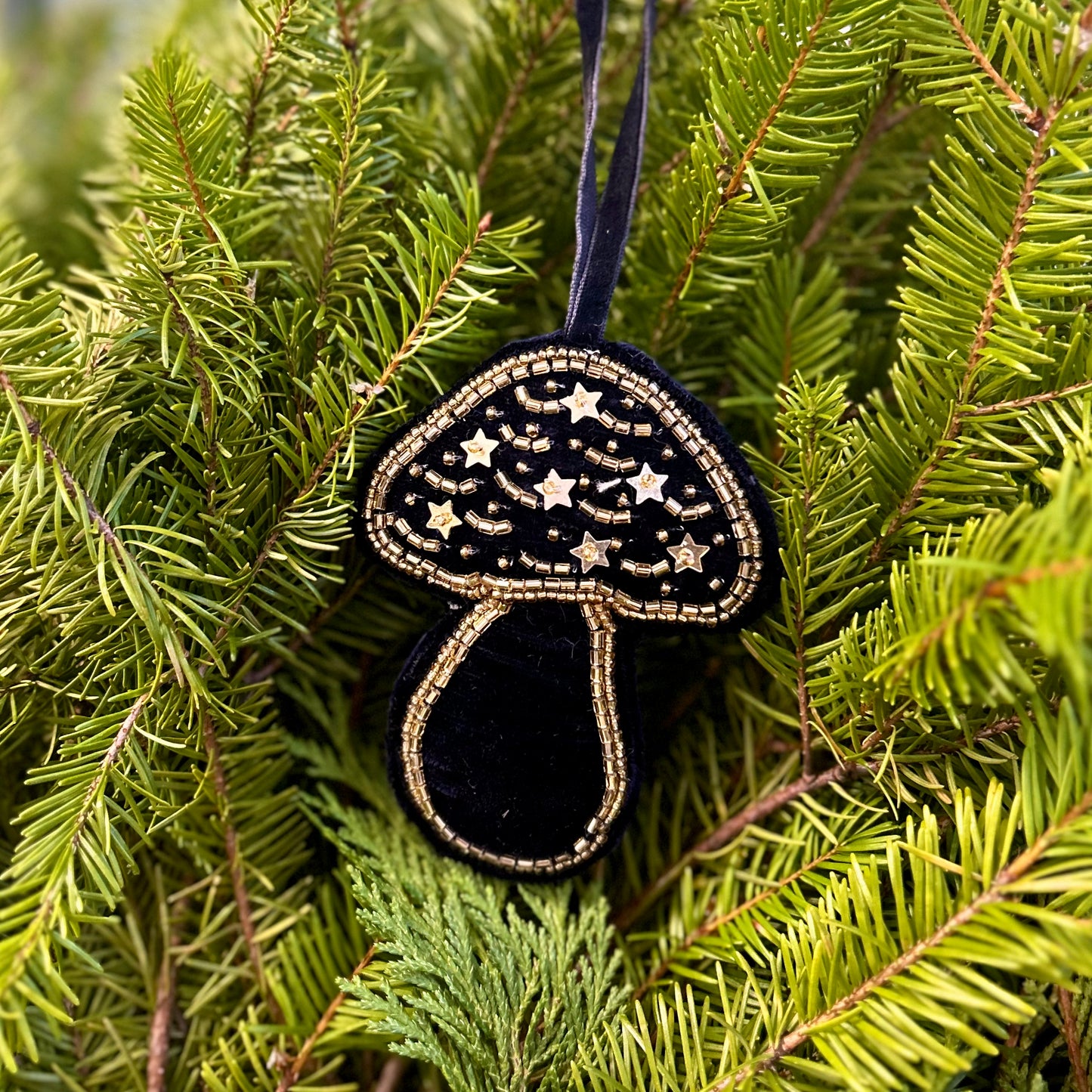 Velvet and Bead Ornament - Mushroom