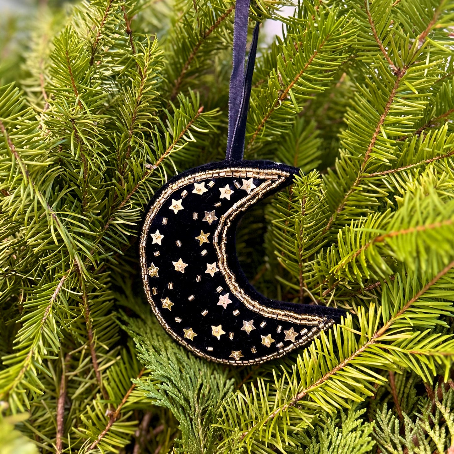 Velvet and Bead Ornament - Crescent Moon
