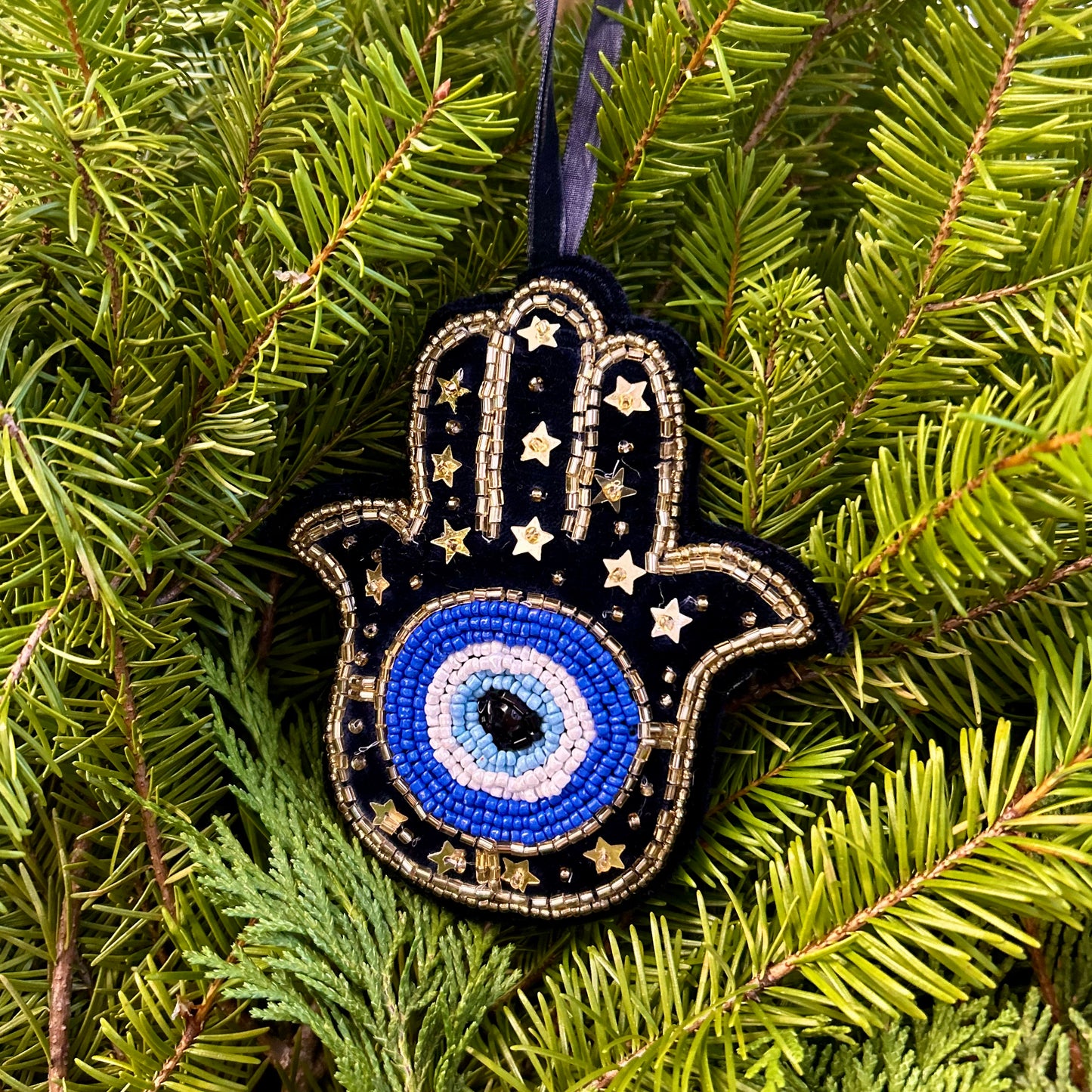 Velvet and Bead Ornament - Hamsa Hand