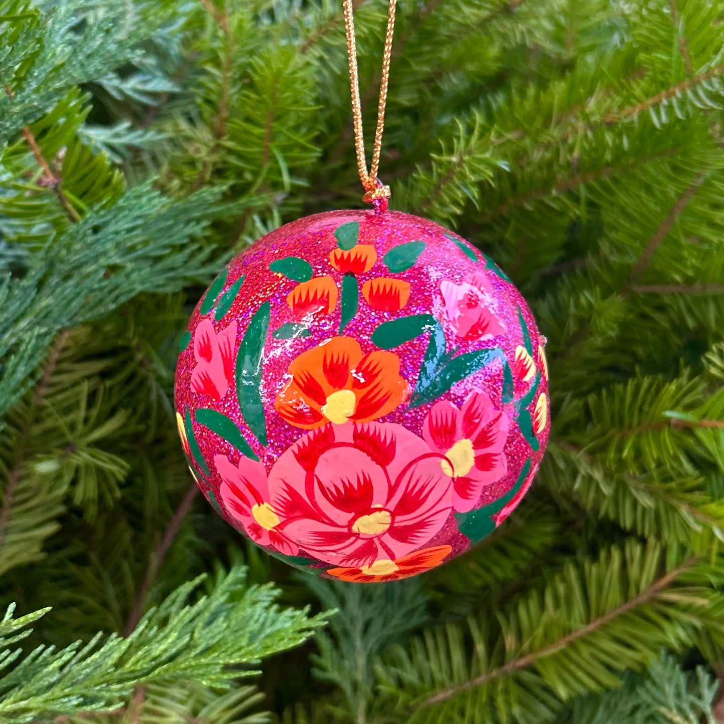 Handmade Paper Mâché Ornament - Rose Sparkle Floral