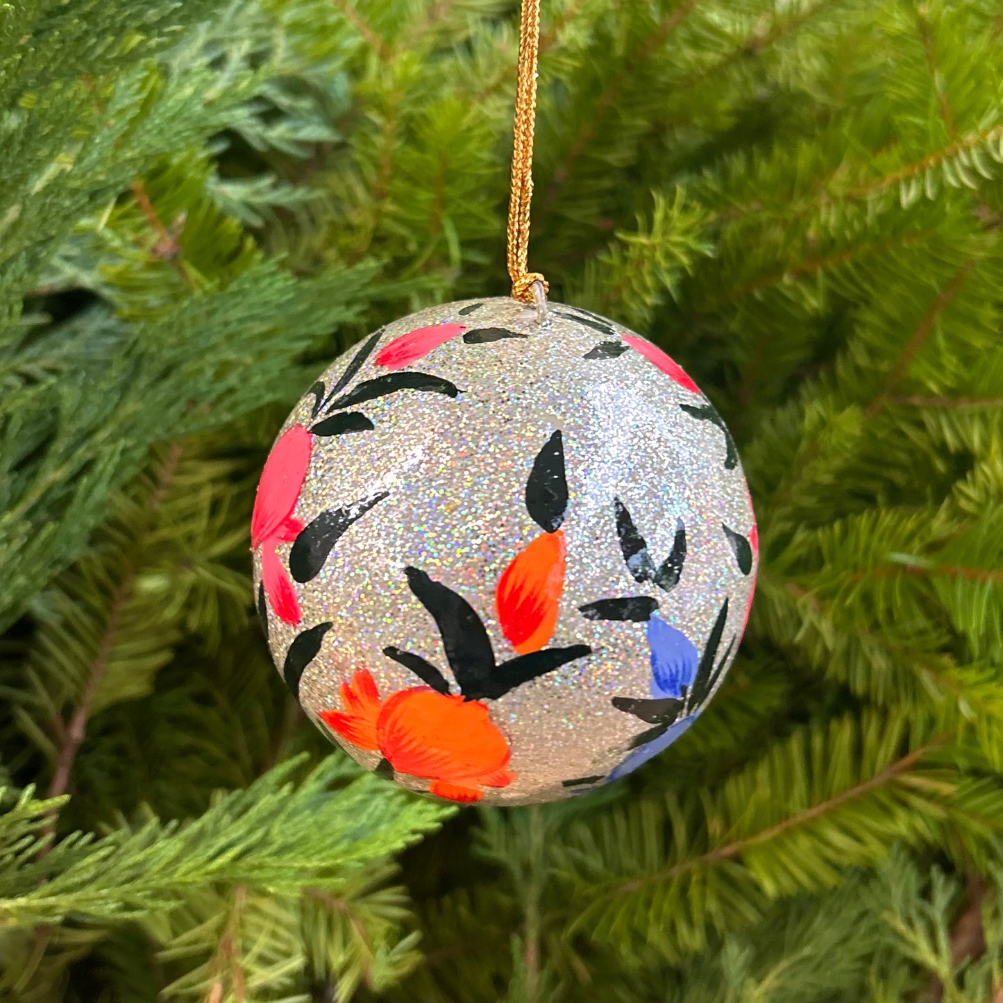 Handmade Paper Mâché Ornament - Silver Sparkle Floral