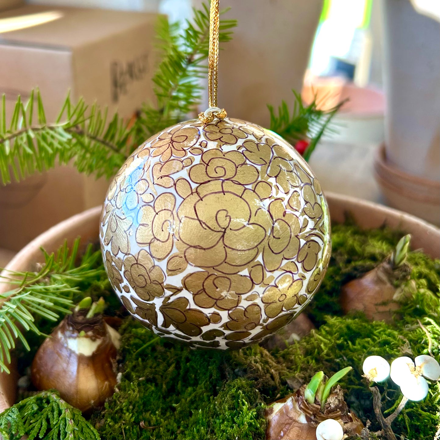 Handmade Paper Mâché Ornament - Gold Floral